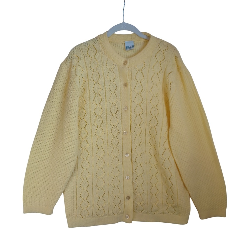 Haband Womens XL Yellow Pointelle Knit Button Front Cardigan Sweater Made in USA